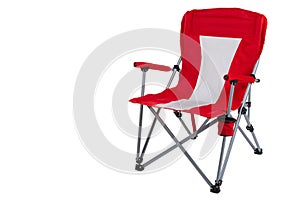 Red folding chair for camping or fishing, on a white background, isolate