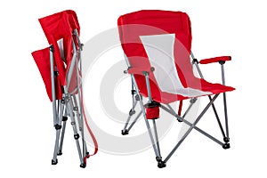 Red folding chair for fishing or for camping, two options, on a white background, collage