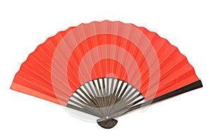 A red folding hand fan made of wood and paper