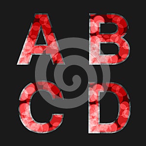 Red font illuminated with reflection effect on black background - set 1. Capital initial letter A, B, C, D for monograms and logos