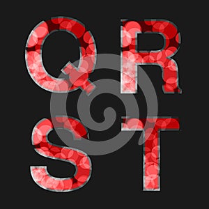 Red font illuminated with reflection effect on black background - set 5. Capital initial letter Q, R, S, T, for monograms and logo