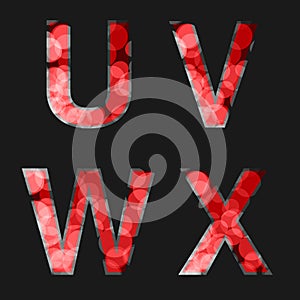 Red font illuminated with reflection effect on black background - set 6. Capital initial letter U, V, W, X, for monograms and logo
