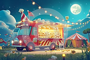 A red food truck is parked in front of a tent, providing delicious meals and refreshments to customers, Cartoon-style food truck photo