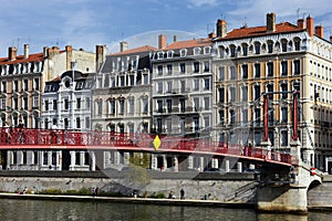 Red footbridge on the SaÃ´ne in Lyon city