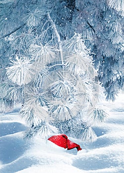 Red forgotten Santa hat in a snowy park. Christmas card.