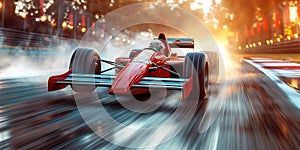 red formula one racing car driving fast on race track. Motion blurry
