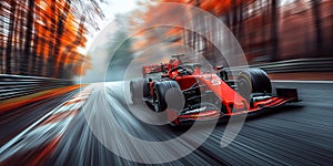 red formula one racing car driving fast on the race track in nature at autumn. Motion blur