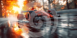red formula one racing car driving fast on race track in nature at sunset