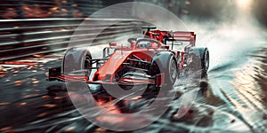 red formula one racing car driving fast on race track in rainy day