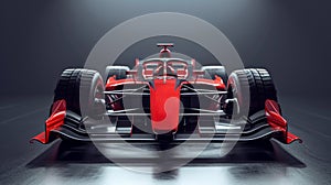 Red formula race car against gray background. Marketing materials for a high-performance racing brand.