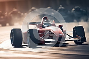 Red formula race car on the track. 3d render. Vintage style. Sport car racing formula one in race track, AI Generated