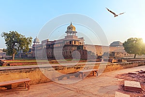 Red Fort of Agra courtyard, sunrise view, India