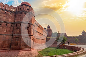 Red Fort Delhi India built in the year 1639 made of red sandstone in medieval Mughal architecture at sunrise.