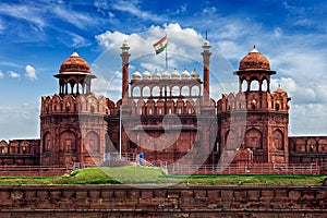 Red Fort Lal Qila with Indian flag. Delhi, India