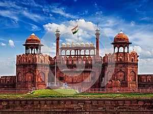 Red Fort Lal Qila with Indian flag. Delhi, India