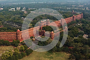 Red fort wall in New Delhi, India, aerial drone view photo