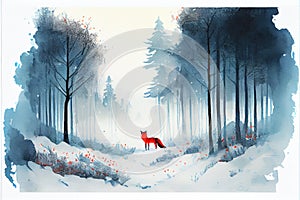 Red Fox animal in Winter forest watercolour illustration