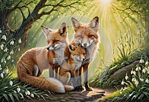 Red fox art illustration. Little funny fox