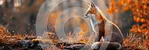 red fox in autumn on field against forest background