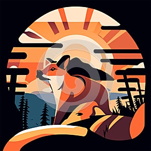 Red fox on the background of the sun. Vector illustration in flat style. Generative AI