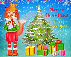 Red fox cute girl holding gift box and standing near Christmas tree with gifts