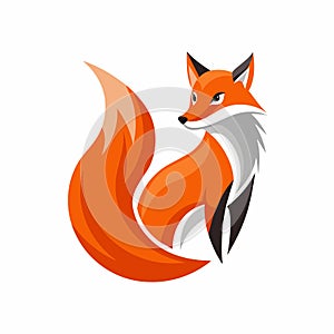 Red fox with a distinct black tail in front of a clean white background, An abstract interpretation of a fox in a minimalist logo