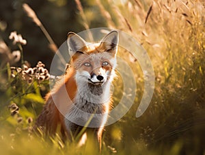 Red fox in the field at sunset, close-up portrait. Made with Generative AI