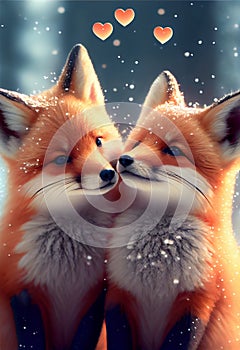 Red Fox foxes in snow heart melting Valentines Day card