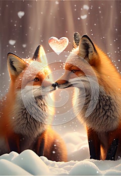 Red Fox foxes in snow heart melting Valentines Day card