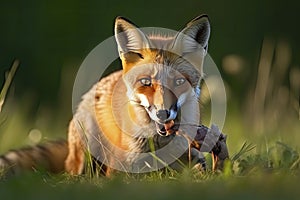 Red Fox after hunting, Vulpes vulpes, wildlife scene from Europe.Portrait of fox with prey on meadow