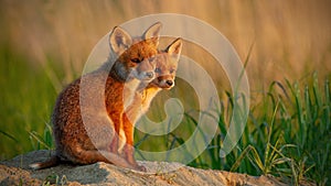 Red fox little cubs near den sitting close together.