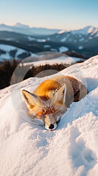 red fox is peacefully sleeping in snow, surrounded by serene winter landscape