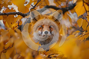 Red fox peeking out from colorful autumn leaves, illuminated in photorealistic northern lights style