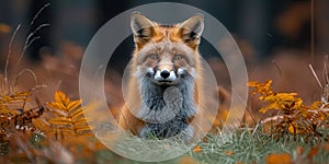 Red fox, playing in the grass on the edge of the forest, with brilliance in the eyes and an innocent loo