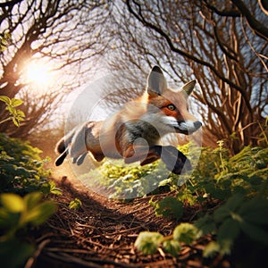 Red fox runs through the undergrowth in the countryside