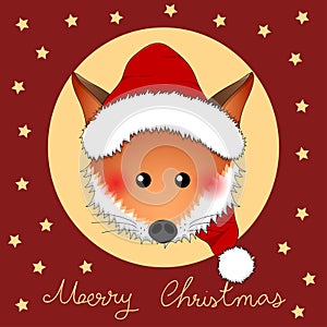 Red Fox Santa Claus on Red Christmas Greeting Card. Vector Illustration