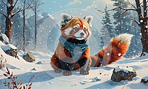 red fox in scarf sits the snow