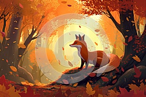 Red fox sits among the falling leaves in the autumn forest, autumn, cartoon illustration