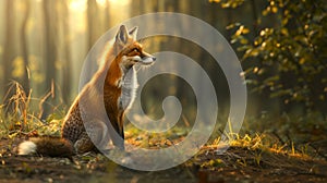 Red fox sitting in the forest at sunrise