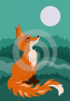 Red fox sitting on glade in the forest and looking at the moon.