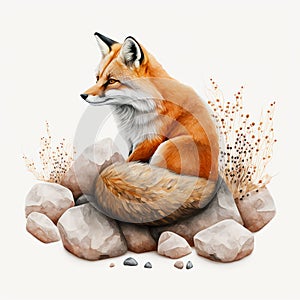 Red fox sitting on rocks - illustration