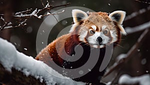 Red fox sitting on snowy branch, looking cute generated by AI