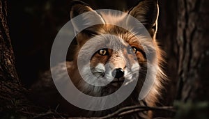 Red fox sitting in winter forest, alert and looking ahead generated by AI