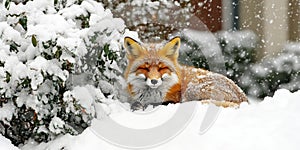 red fox is sleeping peacefully in snow, surrounded by white flakes