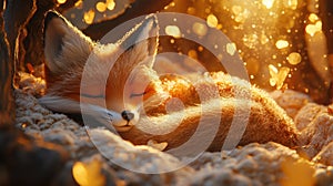 Red Fox Sleeping in Winter Forest Sunlight