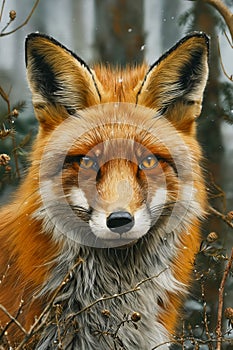 A red fox in the snow looking at the camera. Generative AI