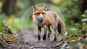 Red fox standing on forest path, looking directly at camera
