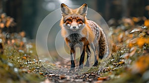 Red fox standing on a forest path, looking directly at the camera