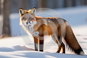 A red fox standing in the snow, looking at the camera with a curious expression on its face