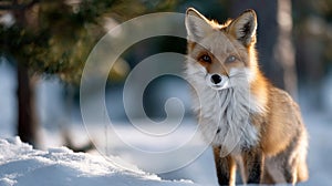 A red fox standing in the snow in the woods